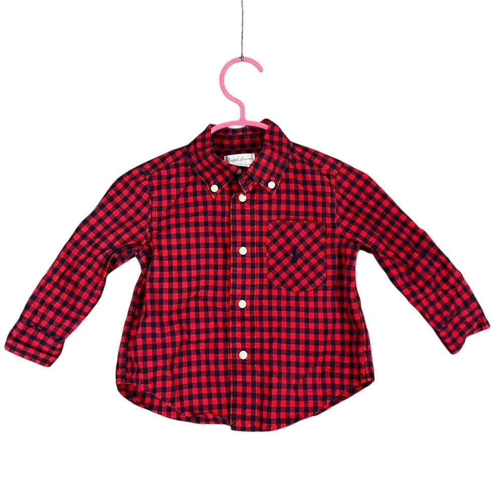 Ralph Lauren Baby Boy Button Up Dress Shirt 12 Months Red Plaid Cotton